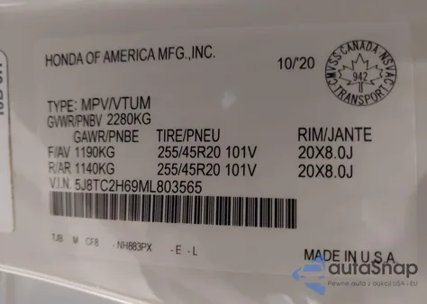 2021 Acura Rdx A-Spec Package из США, поврежденный, VIN 5J8TC2H69ML803565